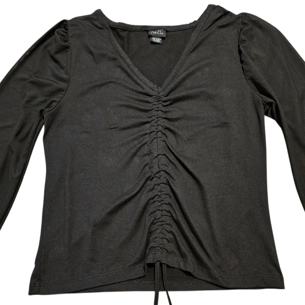Y2K Black Ruched Tie Mesh Sleeve Top Sheer Long Sleeve Clubwear Sz L Baddie - Picture 7 of 16